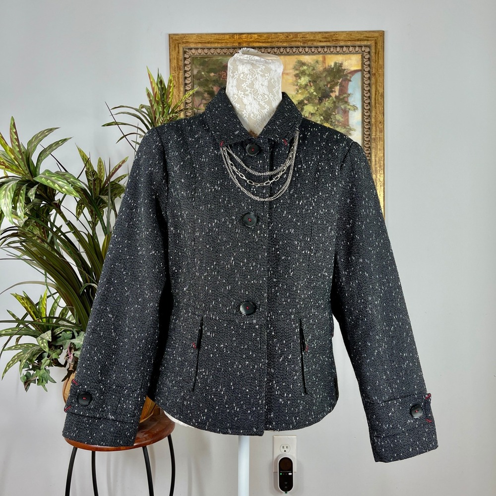 Christopher & Banks Jacket Women 12 Black White Wool Blend Textured Button Front